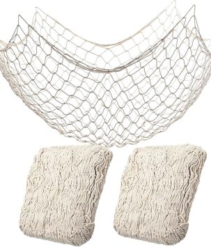 2 Pack Fish Net Decorations for Party, Natural Cotton Hawaiian Party Fishing Net Decorative, Nautical Themed Cotton Fishnet Under The Sea Pirate Ocean Beach Decor